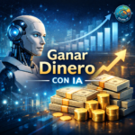 Ilustración sobre cómo ganar dinero con inteligencia artificial, con robot futurista, gráficos de crecimiento, dinero y logo de Radar Digital IA.