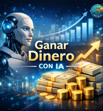 Ilustración sobre cómo ganar dinero con inteligencia artificial, con robot futurista, gráficos de crecimiento, dinero y logo de Radar Digital IA.