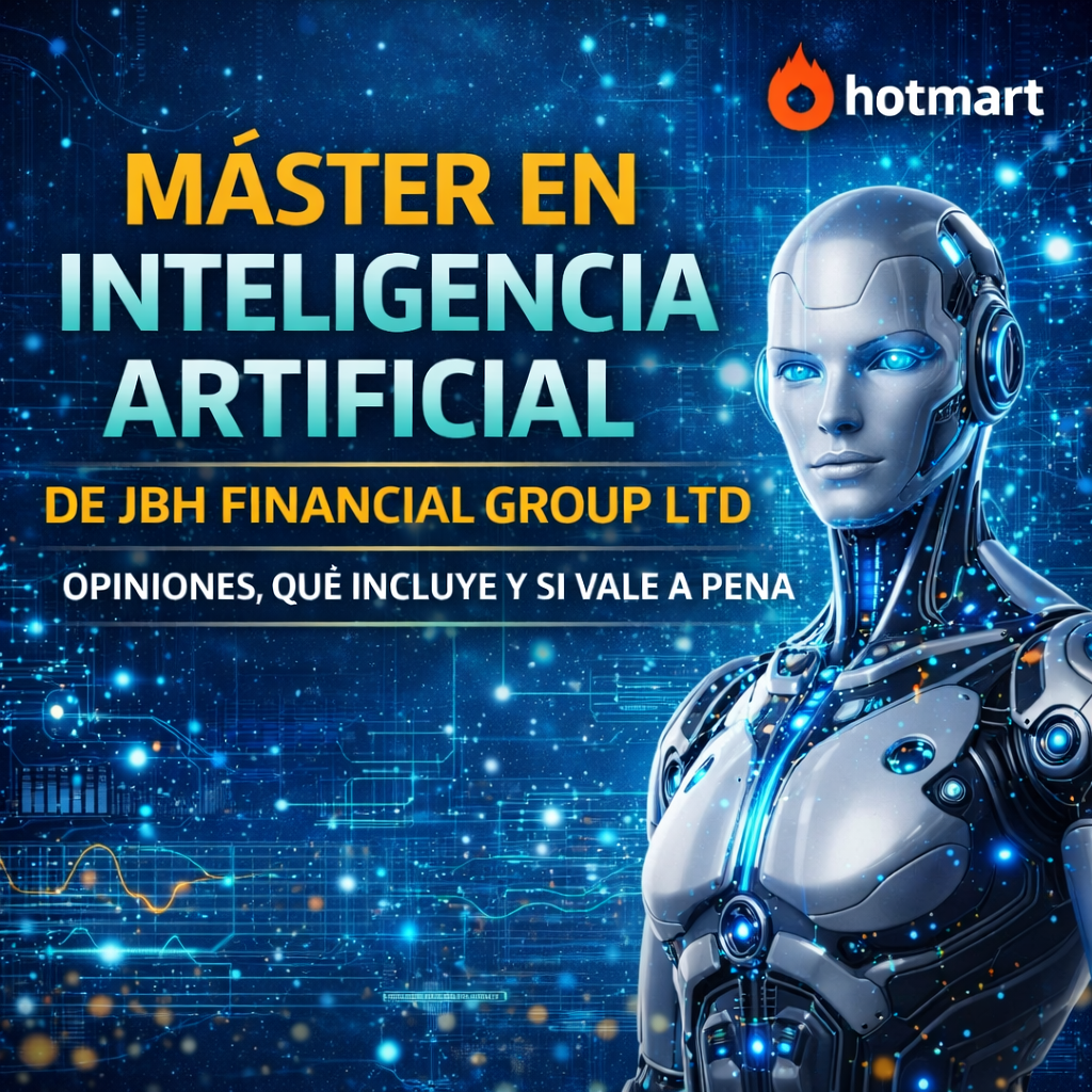 Portada del Máster en Inteligencia Artificial de JBH Financial Group LTD en Hotmart con robot humanoide