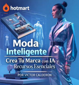 Portada de Moda Inteligente: Crea Tu Marca con IA y Recursos Esenciales con logo de Hotmart y diseño futurista de moda