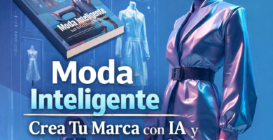 Portada de Moda Inteligente: Crea Tu Marca con IA y Recursos Esenciales con logo de Hotmart y diseño futurista de moda